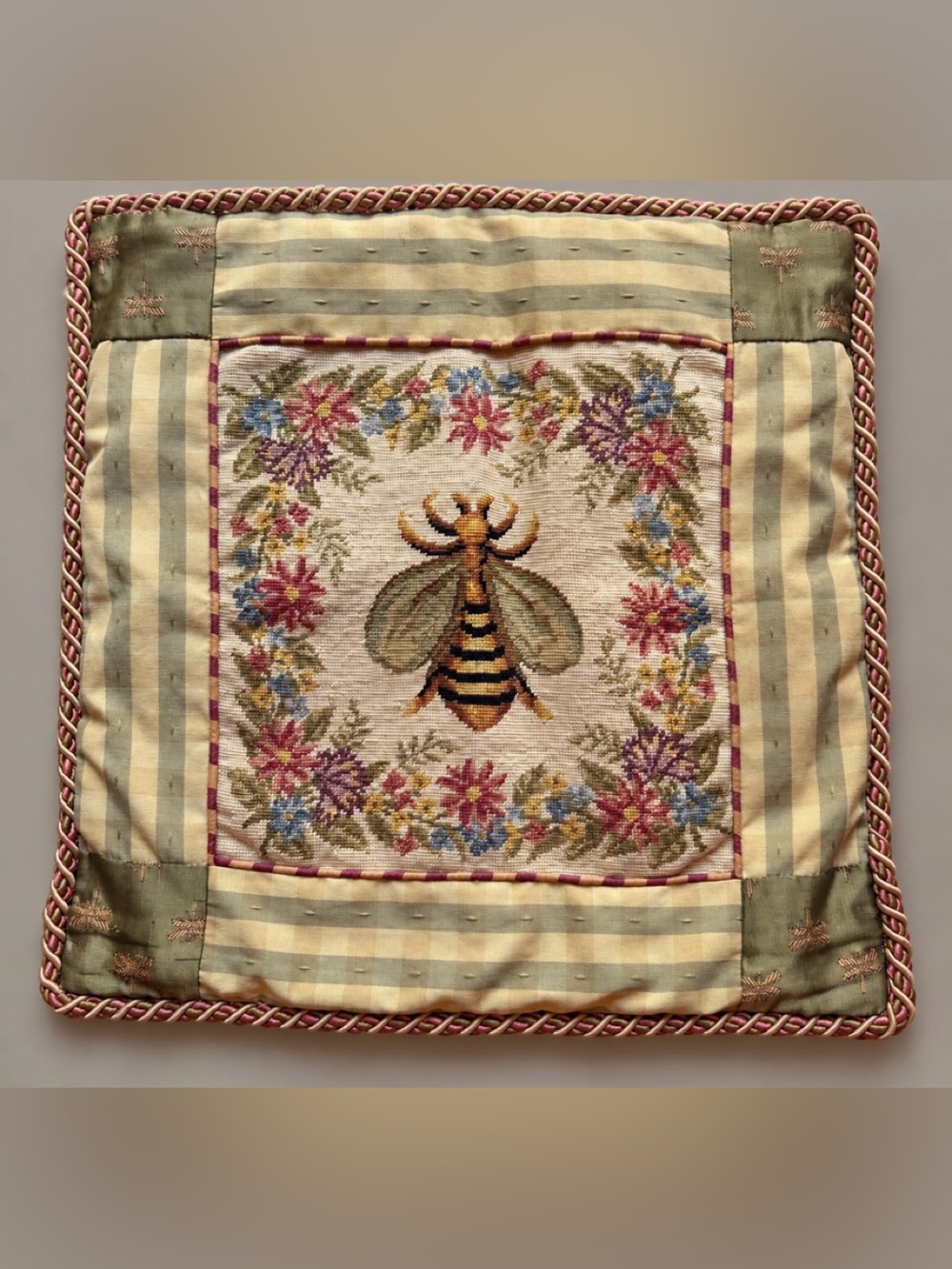 123 Creations Bee Floral Wool Needlepoint Pillow Cover 16.5x16.5 Sage Green Gold